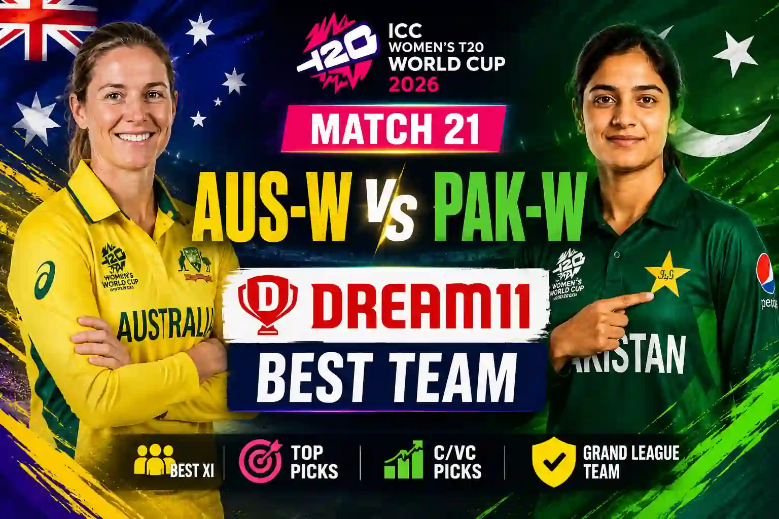 Perfect AUS-W vs PAK-W Dream11 Team Match 21 T20 WC 2026 1 AUS-W vs PAK-W Dream11 Team Match 21 T20 WC 2026