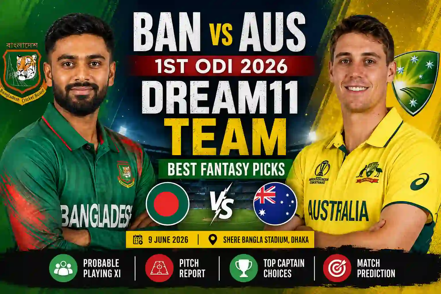 BAN vs AUS Dream11 Team 1st ODI 2026: Best Fantasy Team, Pitch Report & Match Prediction