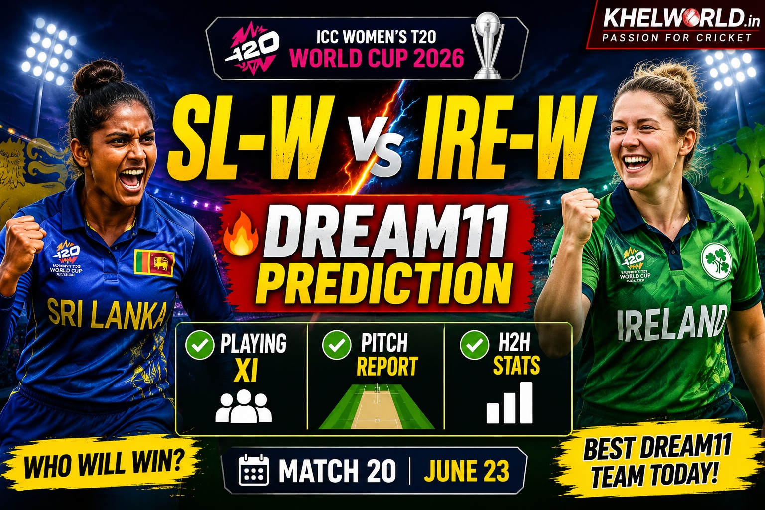 SL-W vs IRE-W Dream11 Prediction Today Match, Playing 11, Pitch Report & Head-to-Head Stats | Women's T20 World Cup 2026 Match 20 — June 23 1 SL-W vs IRE-W Dream11 Prediction Today