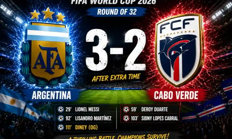 Argentina vs Cabo Verde Highlights Round Of 32 featured image showing Argentina's 3-2 extra-time win at the FIFA World Cup 2026