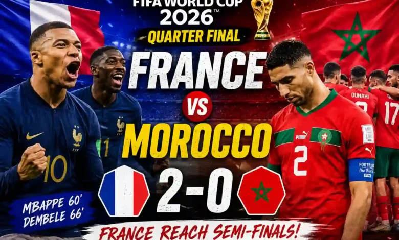 France vs Morocco FIFA Quarter Final Highlights as Kylian Mbappe and Ousmane Dembele guide France to a 2-0 victory in the FIFA World Cup 2026.