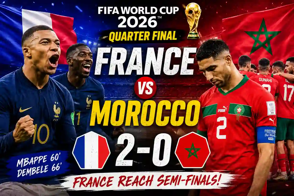 France vs Morocco FIFA Quarter Final Highlights as Kylian Mbappe and Ousmane Dembele guide France to a 2-0 victory in the FIFA World Cup 2026.
