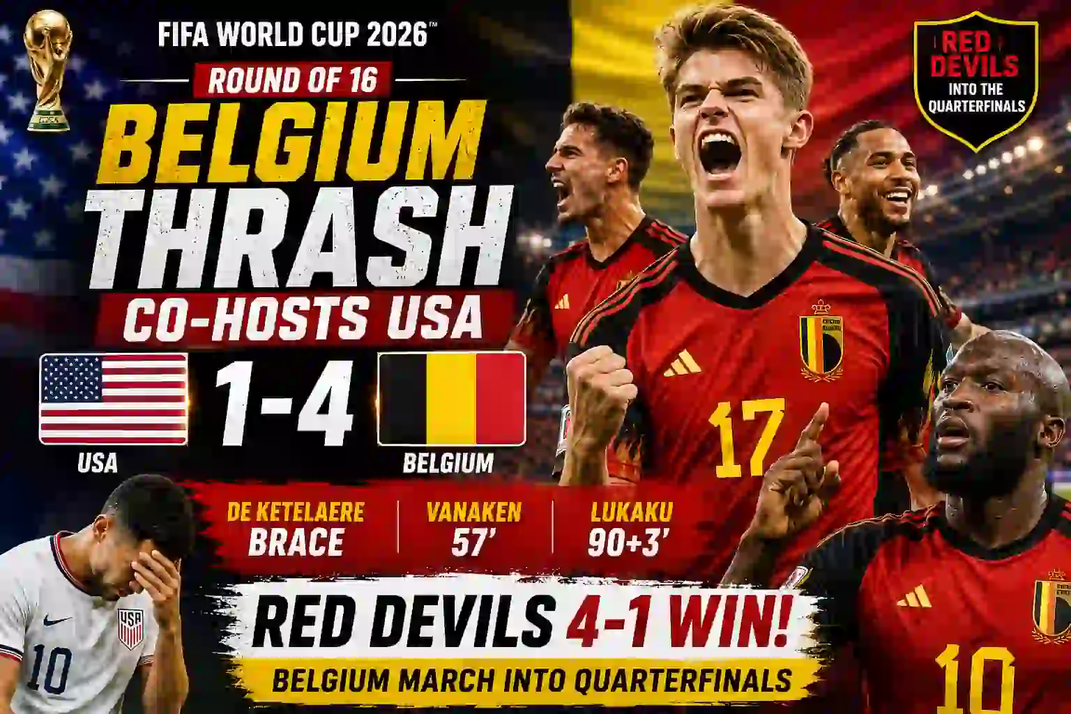 USA vs BELGIUM Round of 16 Highlights: Red Devils Ruthless 4-1 Win 1 USA vs BELGIUM Round of 16 Highlights