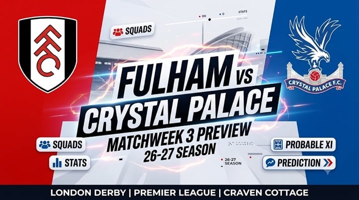 Fulham vs Crystal Palace Matchweek 3 Preview 26-27: Squads, Stats & XI